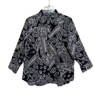 Chaps Button-Up Blouse Women Size XL Black & White Paisley Long Sleeve Iron-Free